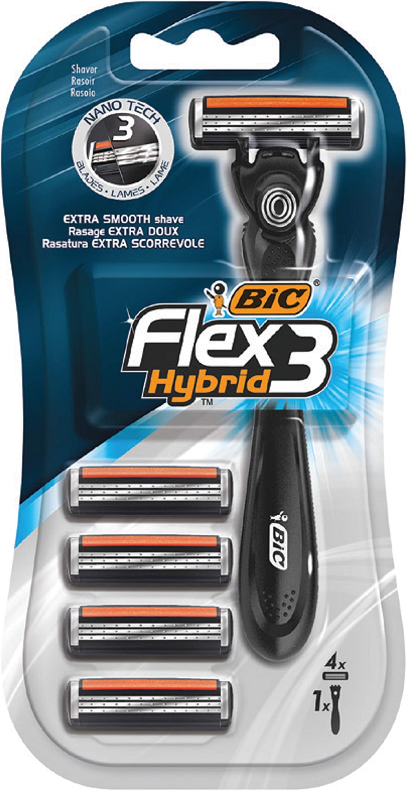 BIC Flex 3 Hybrid, Triple Blade Razor Blade for Men, Extra Smooth and Precise Shave, Pack with 1 Handle and 4 Refills