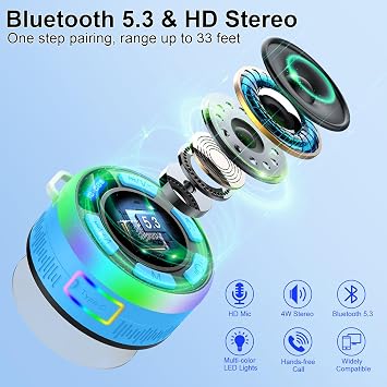 Bluetooth Shower Speaker with IPX7 Waterproof, Bluetooth Speaker with HD Stereo Sound, Built-in Mic Portable Wireless Speaker with Dynamic Lights 10H Playtime, for Outdoor Kitchen Gifts Golf, Blue