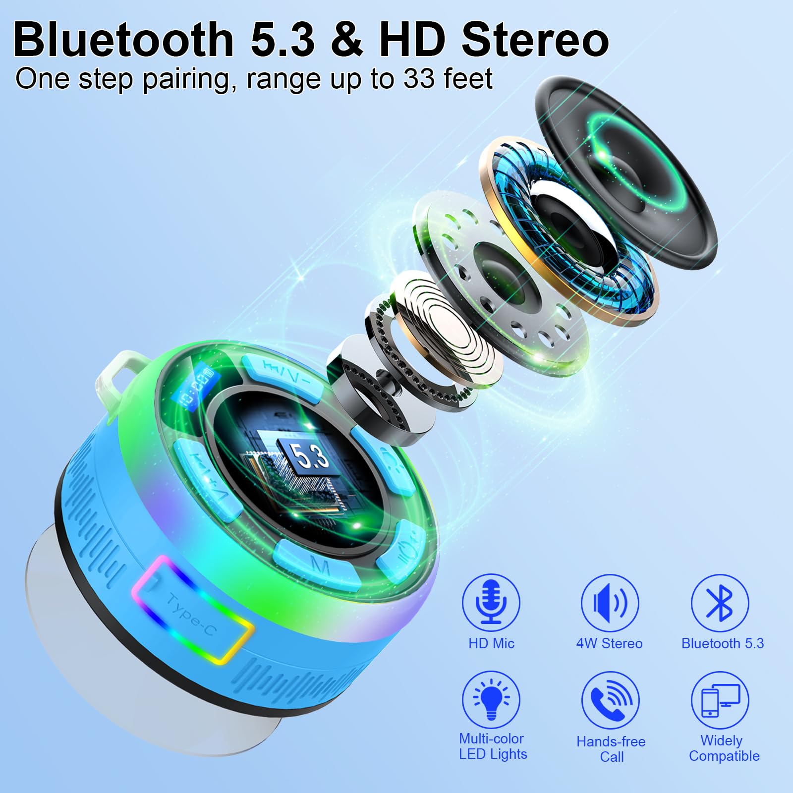 Cassa Bluetooth Doccia, Altoparlante Bluetooth IP7 Impermeabile con Ventosa, 360°Associazione Stereo Cassa Bluetooth Potente da Doccia con Luce LED Colorate, 8H Chiamata Senza Mani per Doccia Blu