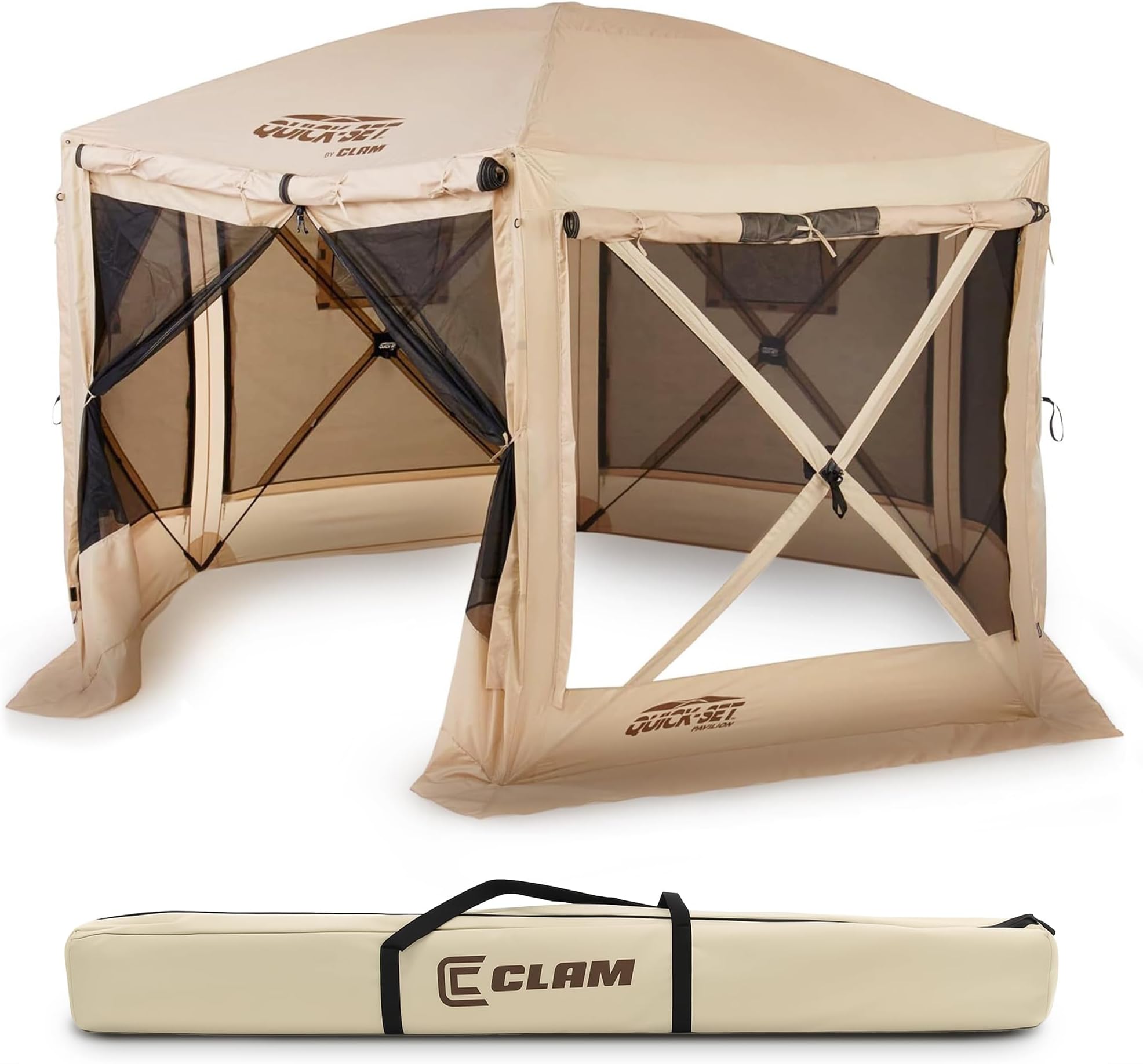 Clam Quick-Set Pavilion Portable Pop-Up Camping Gazebo Tent, 12.5 x 12.5 ft, Tan - 6-Sided Screen Shelter with Wind Panels, No-See-Um Mesh, Ground Stakes & Carry Bag, Outdoor Shade Canopy