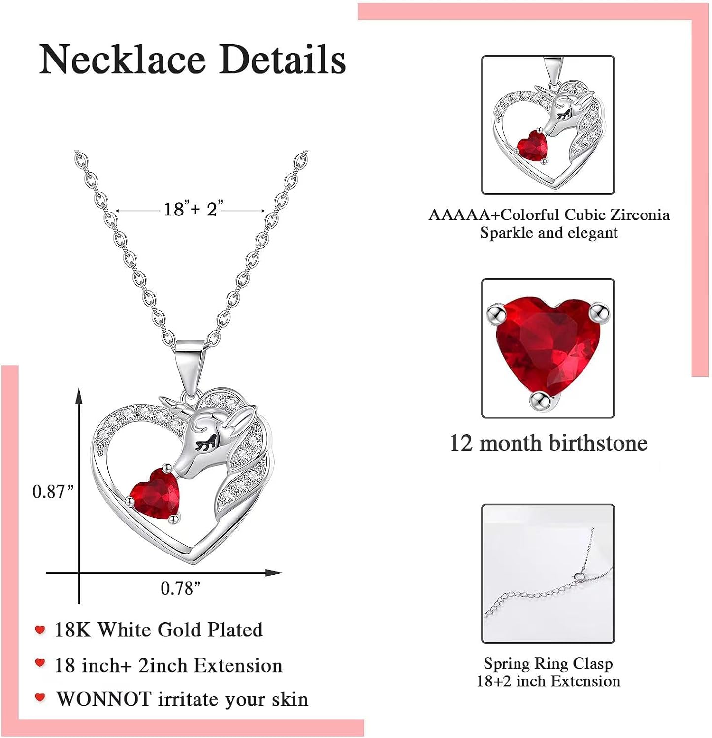Unicorns Gifts for Girls Necklaces 18K White Gold Plated Unicorn Necklace for Teen Girls Unicorn Gifts 1CT Birthstone Necklace initial heart necklace for girls 4-6 girls' birthstone jewelry for girls 6-8