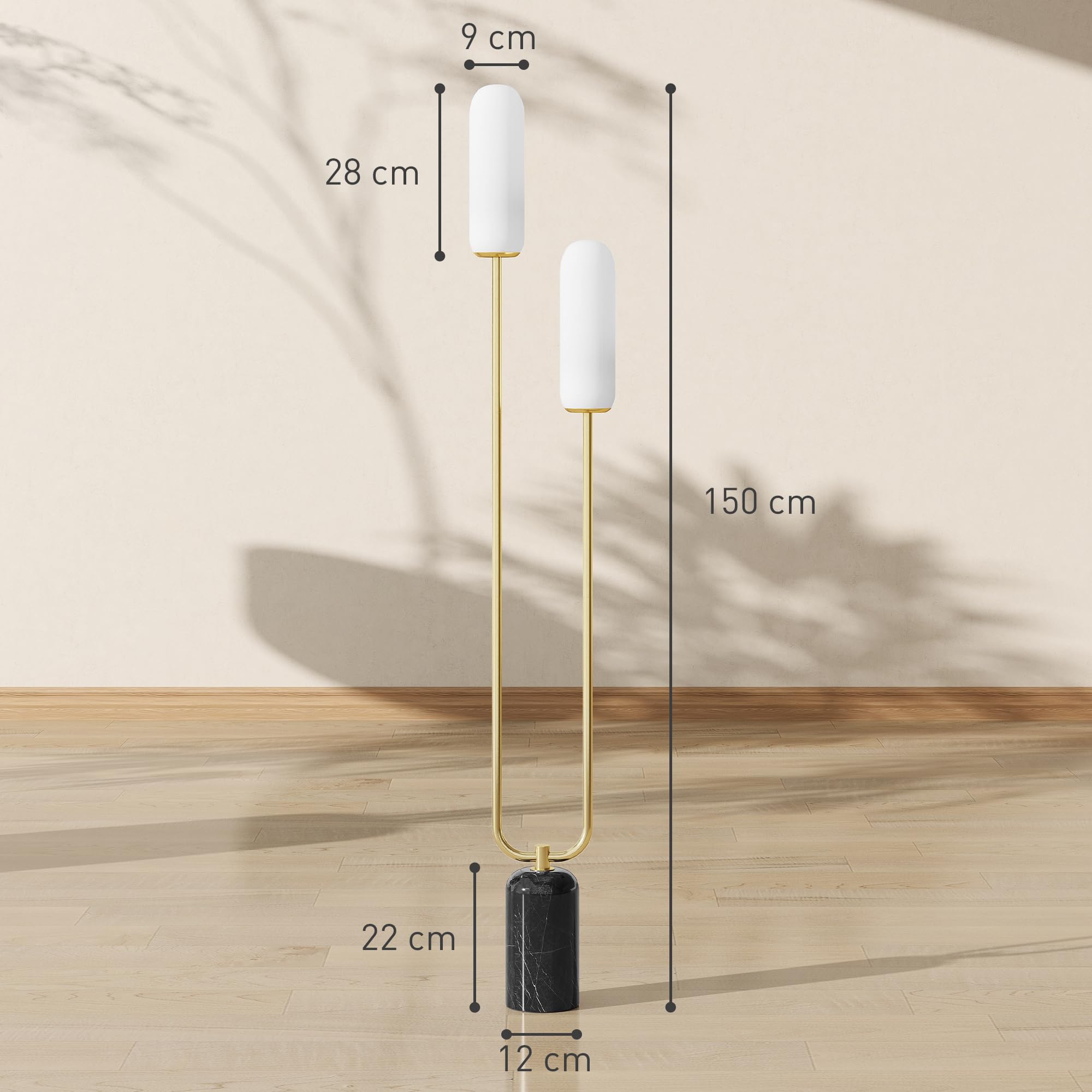 HOMCOM Lámpara de pie moderna salón base mármol 150H cm Blanco | 2 pantallas de vidrio, interruptor, para salón y dormitorio.