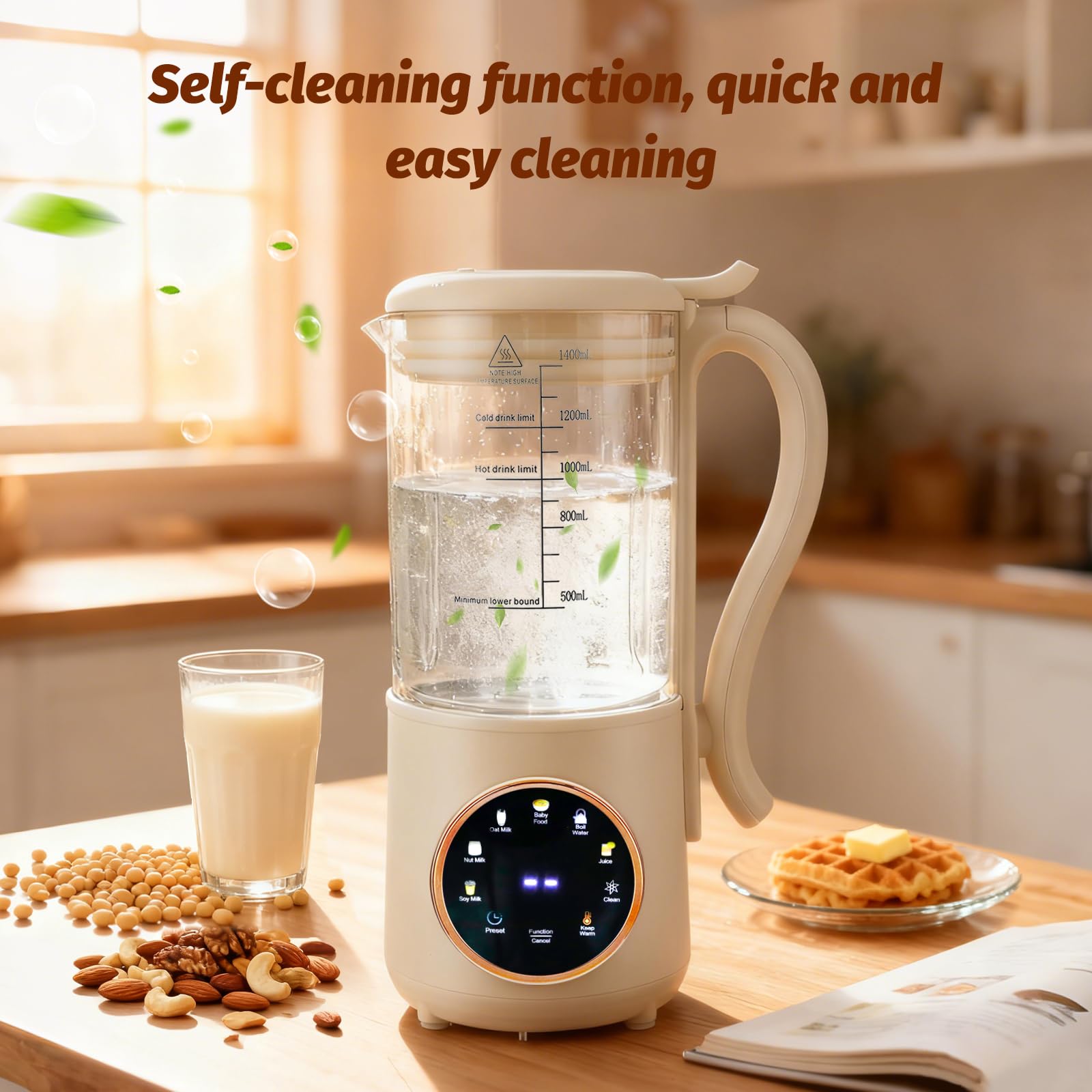Macchina per latte di soia, 1400 ml, con 16 lame, indicatore LED, prenotazione 12 ore, autopulente, 6 funzioni, per latte vegetale fatto in casa, avena, latte di mandorle