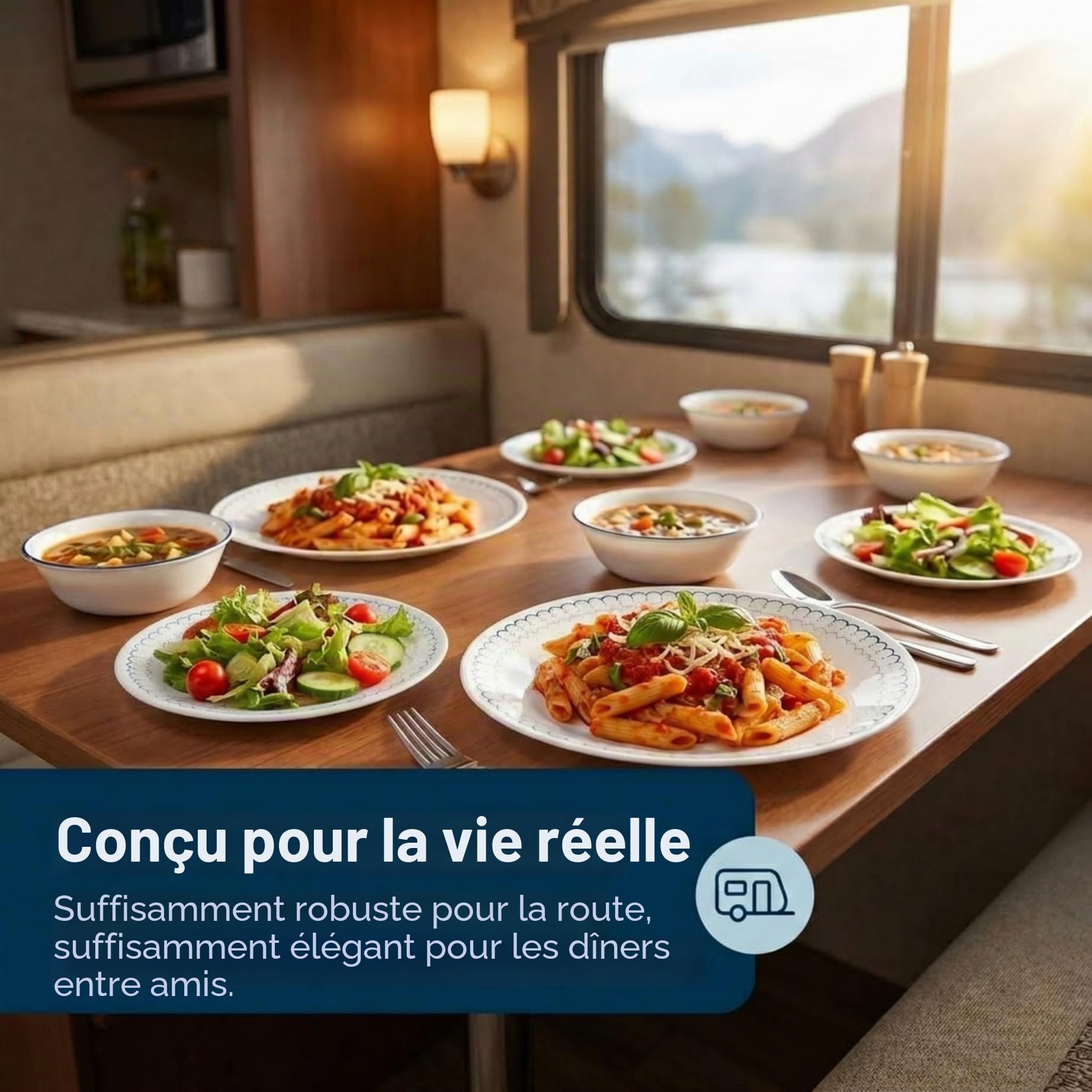Corelle Service de table 18 pièces pour 6 personnes - Assiettes rondes et bols légers en verre Vitrelle triple couche - Résistant aux éclats - Passe au micro-ondes et au lave-vaisselle - Caspienne -