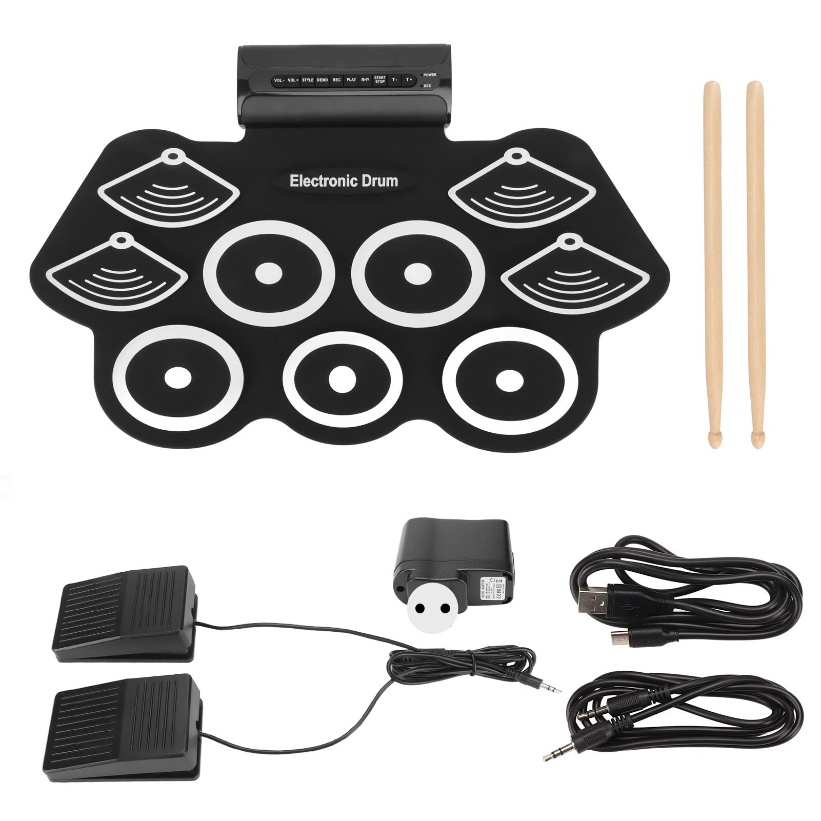 VBESTLIFE Juego de Batería Electrónica, 9 Almohadillas Enrollables, Batería Midi Portátil Recargable con Pedales, Sorpresa de Cumpleaños para Niños (Enchufe de la UE)