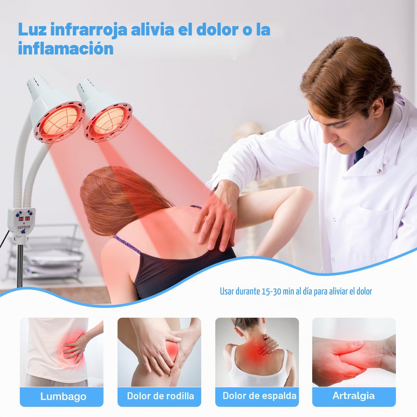 Lámpara de infrarrojo de doble cabeza, 275 W, lámpara de calor y luz, con soporte ajustable y giratorio 360° para mejorar la circulación sanguínea