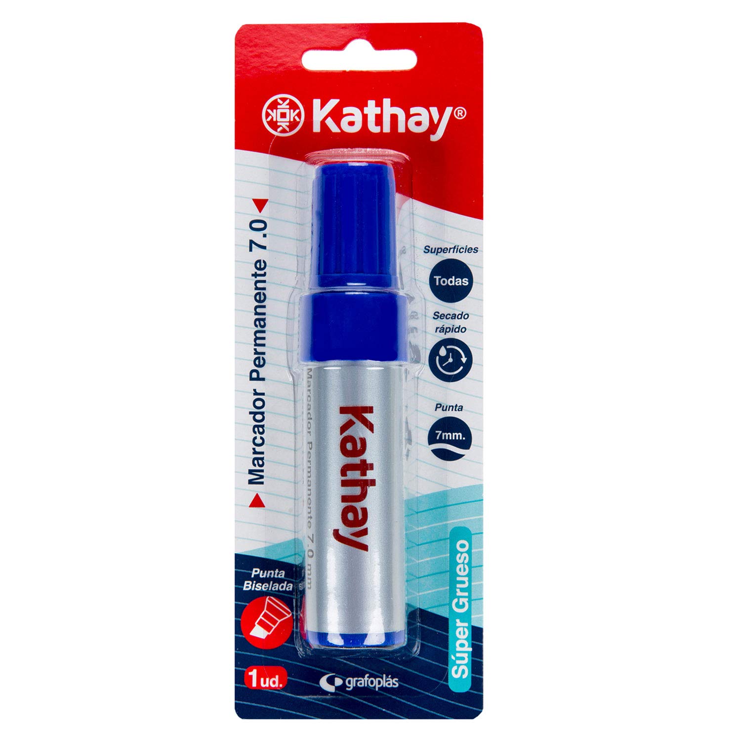 Kathay 86211030. Marcador Permanente, Punta Biselada 7mm, Color Azul, Secado Rápido, Para Todo Tipo de Superficies
