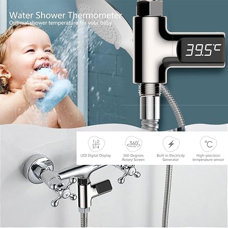 Chesoon Instant-Read Shower Thermometer LED Digital Display Fahrenheit/Centigrade 5-85℃/41-185℉ Baby Bath Water Powered Light 360° Rotating Screen for Home Bathroom Kitchen SN12