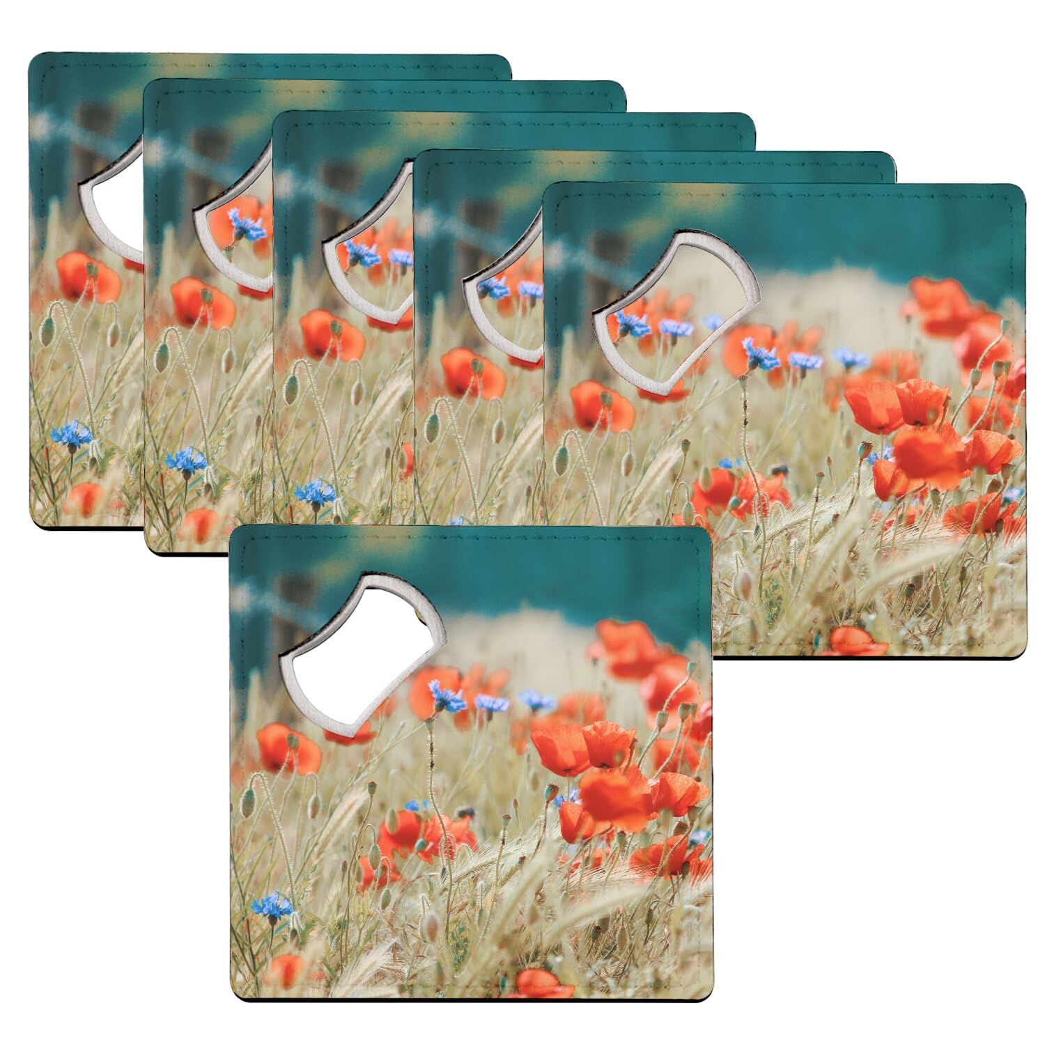 Sous verre décapsuleur 2 en 1 coquelicot et blé, lot de 6 carrés robustes