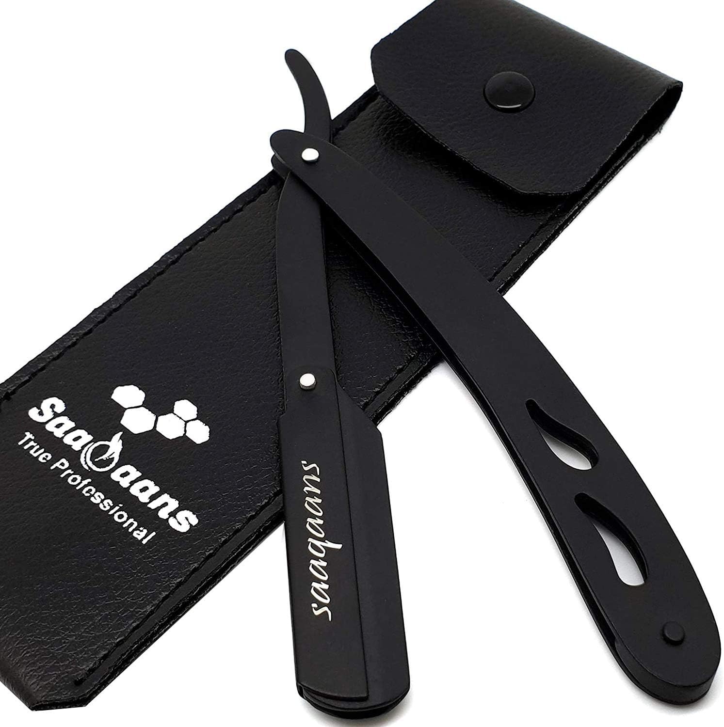 Saaqaans BSR-01 Straight Edge Razor - Professional Barber Manual Folding Beard Razor for Men in Stylish Black Pouch with 10 Double Edge Razors Blades