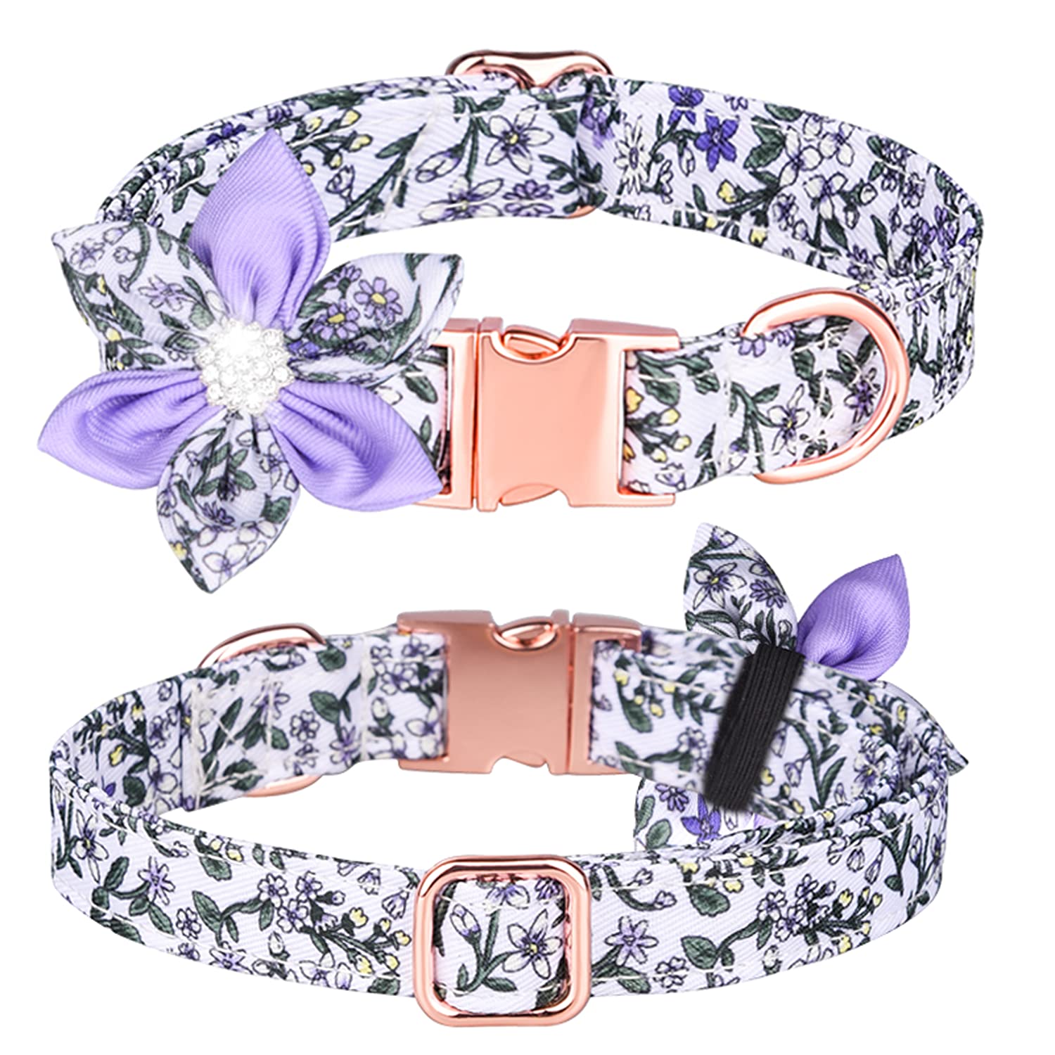 Bbmmayy Floral Pattern Dog Collar - Cute Puppy Collar with Detachable Rhinestone Flower for Female Dogs - Small, Medium, Large (M, Purple/White)