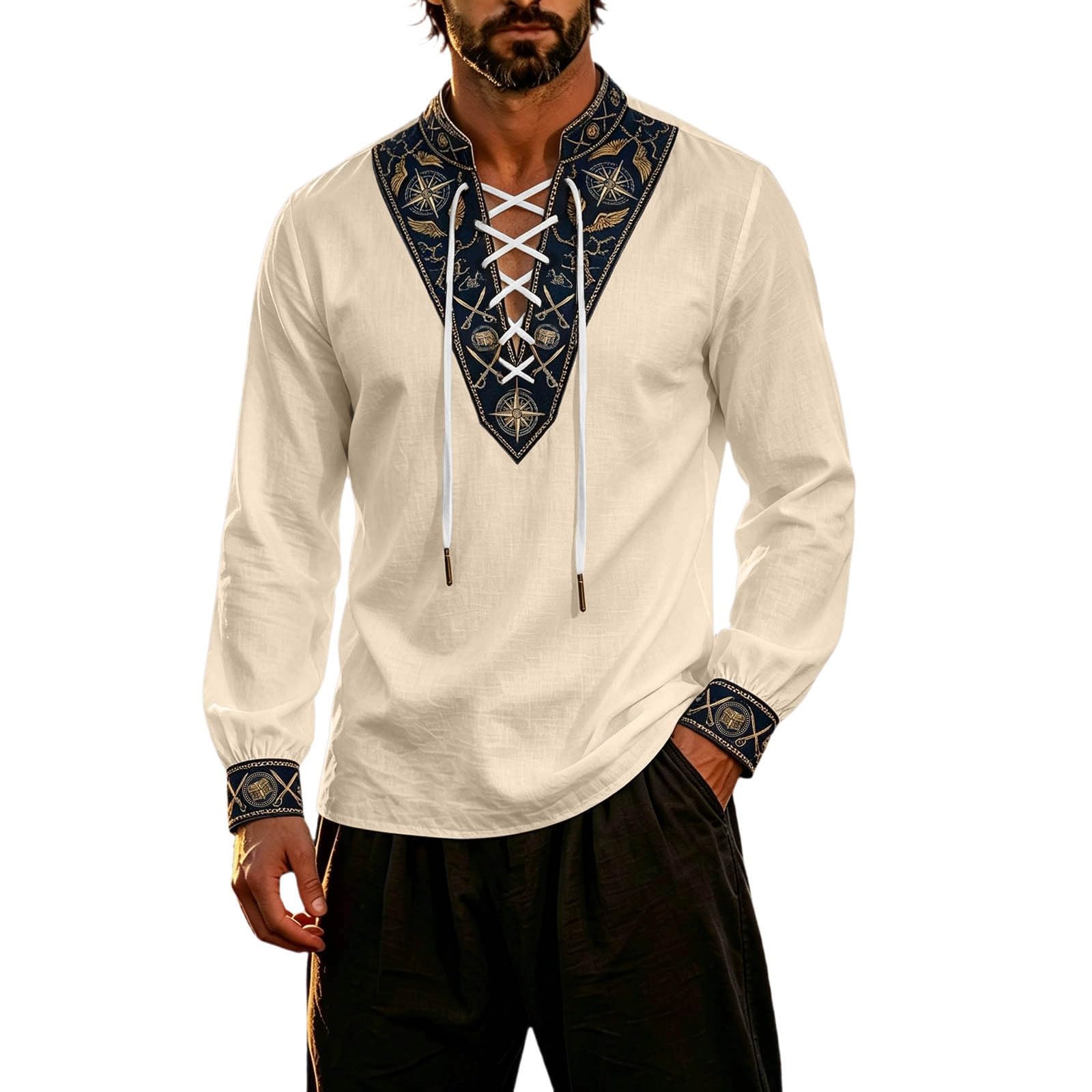 Classic Themed Men's Long Sleeve Shirt for Adventure Nautical Style Top with for Everyday Wear and Cosplay (f-Beige, XXXL) โ image 1