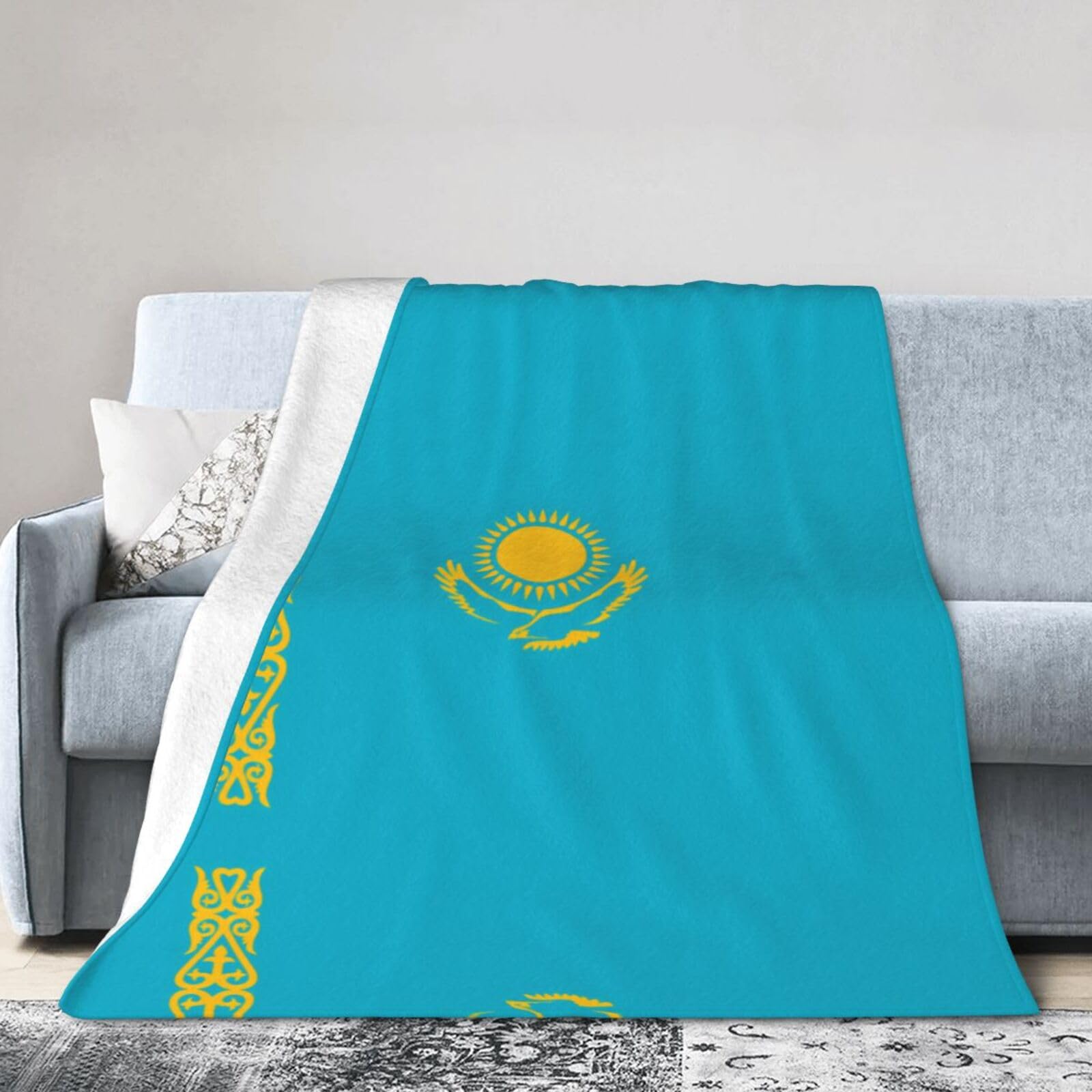 Flag of Kazakhstan 40"x30" Fleece Blanket, Full Size, Super Soft, Suitable for Bed, Sofa, Camping, All Seasons