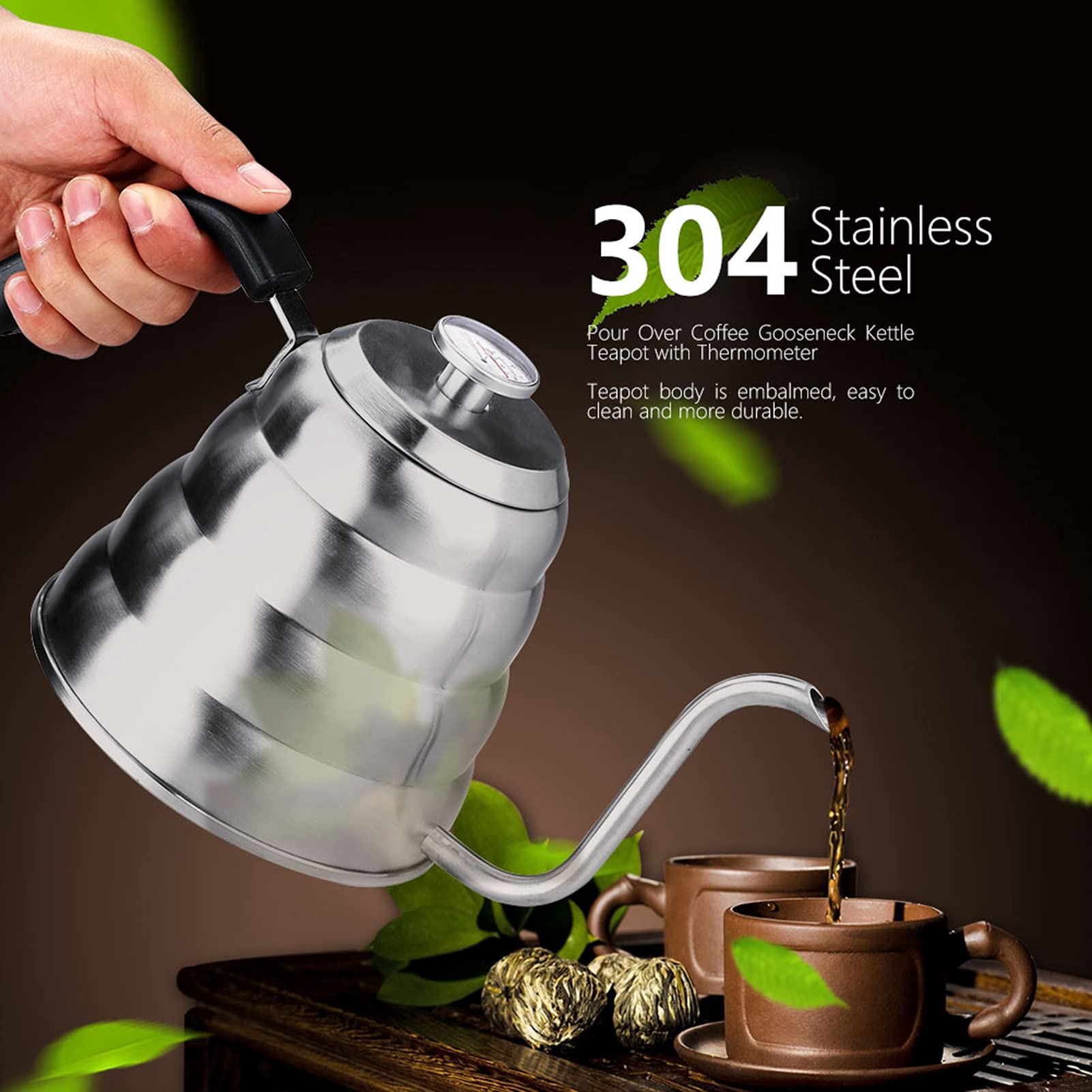 Tyenaza Bollitore per caffè, bollitore per caffè in acciaio inossidabile 304 con termometro a collo d'oca per versare sopra il bollitore per caffè per la cucina(1.2L)