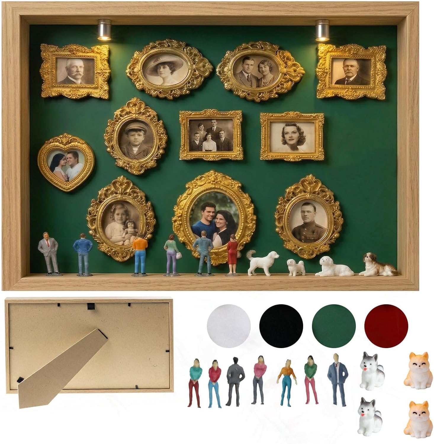 LED-Illuminated DIY Miniature Kit Museum, Gold Frames Silhouette Box with 11 Figurines | Custom Shadow Box Frame for Wedding/Anniversary Memories | Home Decor Photo Display Gift (C Style)