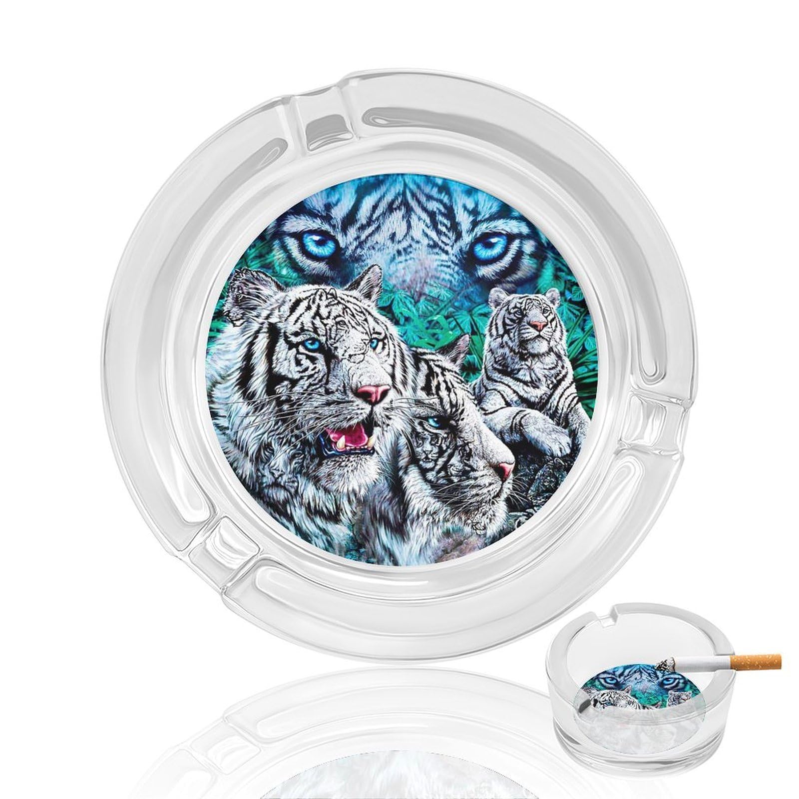 Fierce Whites-tiger Ashtray Portable Round Glass Outdoor Ash Tray for Home Office Garden Pub