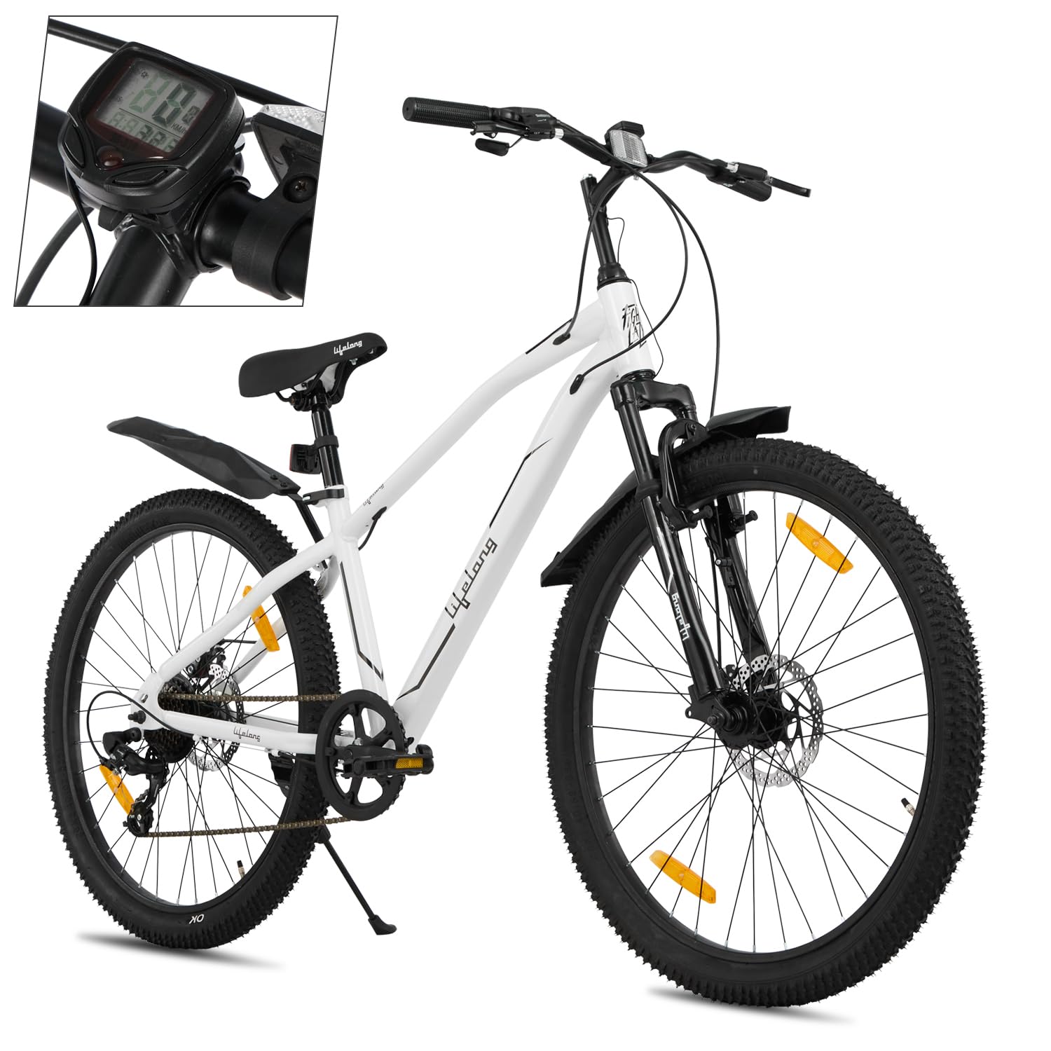Cycle for Men & Women - 26T MTB Cycle - MultiSpeed 7-Speed Bicycle - Dual Disc Brake Cycle - Front Suspension Fork - Mountain Bike Ideal for 15 Years + Adults Upto Height 5.5'' (White)