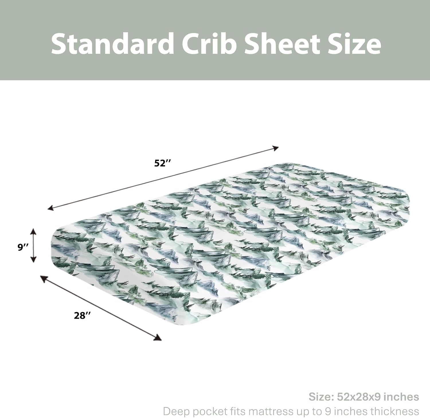 Watercolor Green Mountain Baby Crib Sheets for Boy Girl 28"x52" Trees Forest Mountains Neutral Soft Snug Fitted Crib Mattress Cover Outdoor Adventure Baby Sheet for Standard Crib & Toddler Mattress