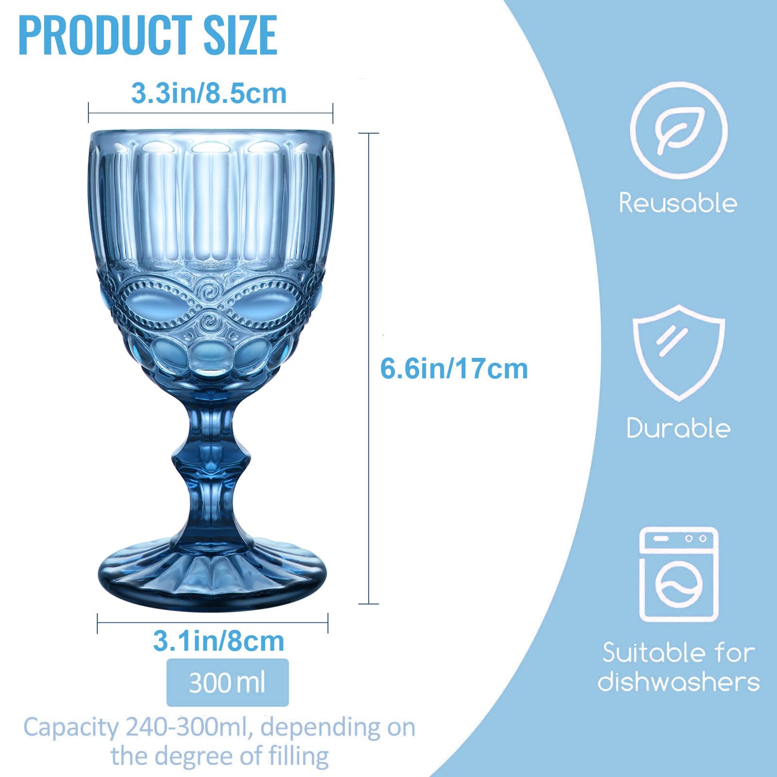 Lot de 6 verres à vin rouge vintage de 300 ml - Verres à vin en cristal - Pour mariage, cocktail, maison, restaurant, fête, Noël - Bleu clair