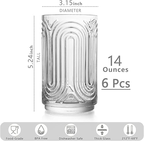 Miniatura 2 de INSETLAN Juego de 6 vasos de cristal vintage  14 onzas onduladas vasos para beber Art Deco Glassware Highball, vasos de cóctel clásicos de fondo