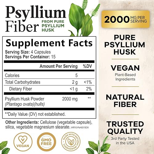 Miniatura 2 de Suplemento de fibra de cáscara de psyllium de 1500 mg, píldoras de fibra soluble e insoluble diarias naturales, cápsulas de polvo de cáscara de
