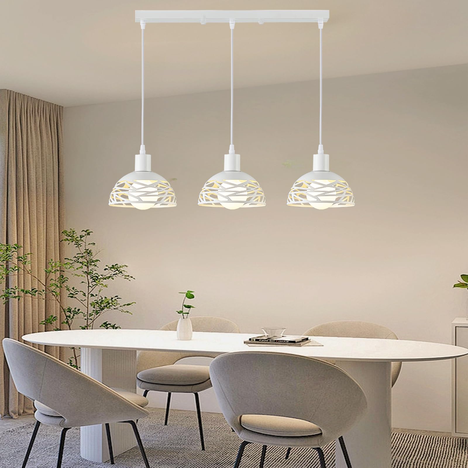Lampadario a Sospensione Moderno Industriale, 3 Luci E27 in Metallo RitagliatoØ18 Lampada a Sospensione Vintage per Cucina Isola Tavolo da Pranzo (Bianco Base Lunga)