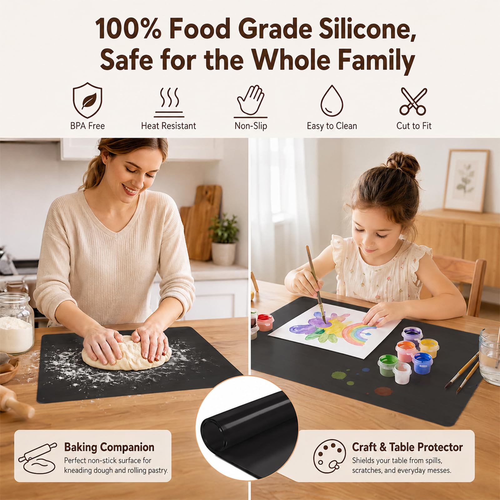 Grand tapis en silicone XXXL - 120 x 60 cm - Extra épais de 2 mm - Tapis de travail - Tapis de peinture - Résistant à la chaleur et antidérapant - Pour établi, bricolage et cuisine - Noir