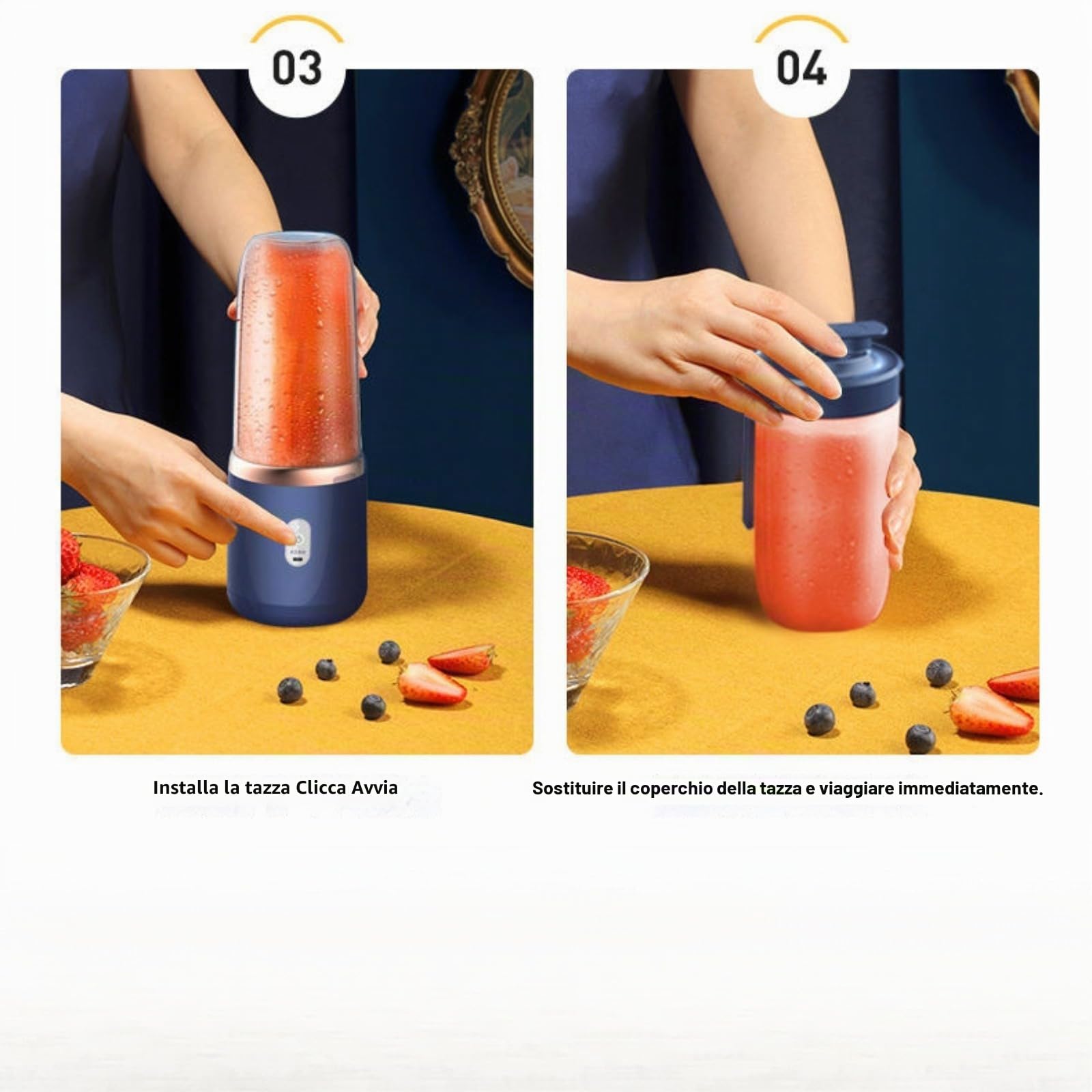 Frullatore portatile ricaricabile, 500 ml, senza BPA, tazza da viaggio con 6 lame, per casa, palestra, senza fili, a prova di perdite (blu/rosa) (blu (tazza singola + coperchio))