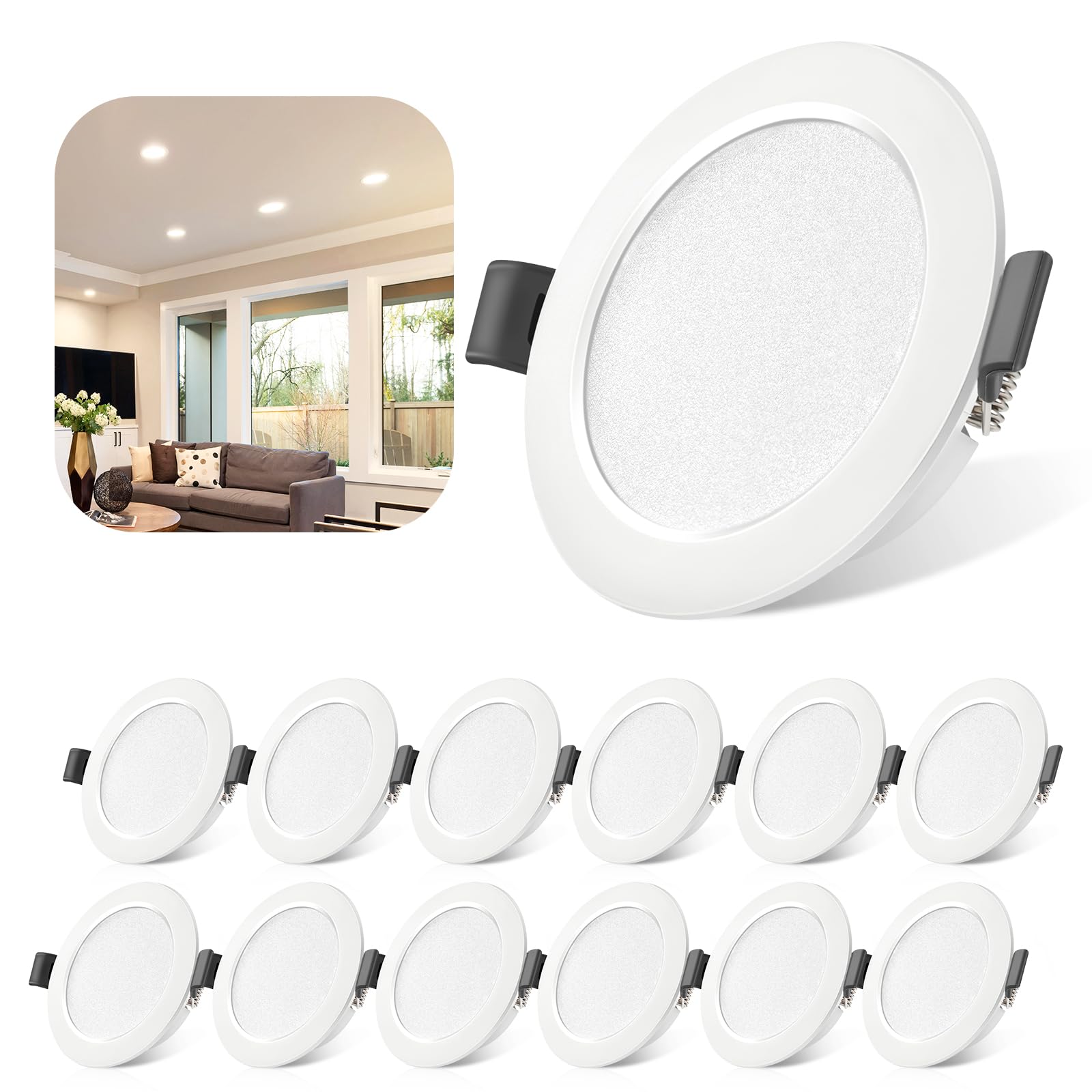 Tailcas Faretti LED da Incasso per Cartongesso, 12 × 5W 450 Lumen Luci Ultrasottili da Soffitto Ø68mm - 90mm, Bianco Naturale 4000K Faretti LED da Incasso IP44 25mm, AC 220-240V Angolo a Fascio 120°