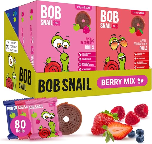 Bob Snail Fruit Roll Ups – Healthy Sweets Snacks, Real Dried Fruits, No Added Sugar, Vegan, Nut Free, Candy for Adults, Kids, with Blueberry, Raspberry, Strawberry – Bulk gift Box 80 pcs Rolls, 800g