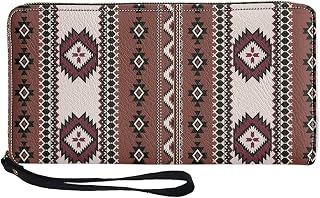 Aztec Southwest Navajo Print Women Wallet with Wrist Strap Brown Native American Zipper Around Purse for Outdoor Travel Shopping