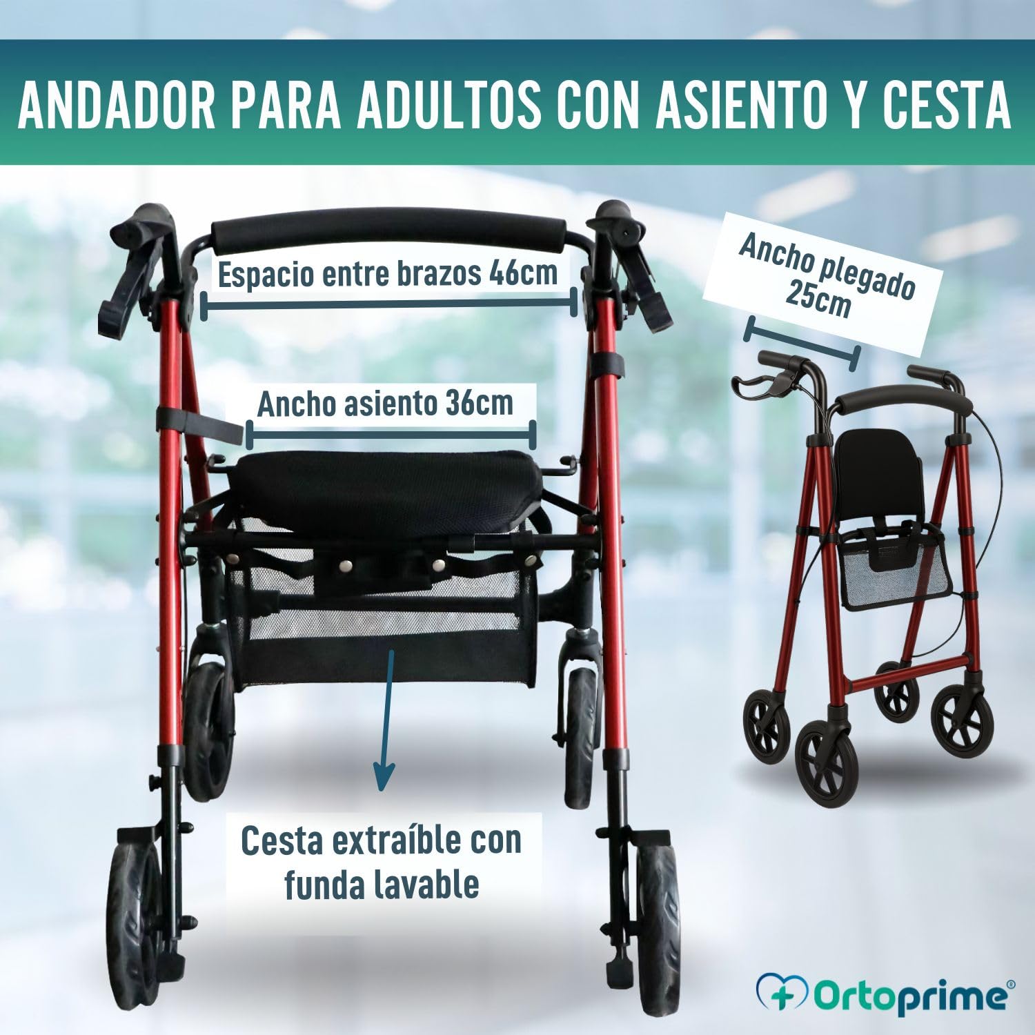 OrtoPrime Andador para Ancianos ASIENTO ALTURA REGULABLE Andador Adultos con Cesta Andadores Adultos PLEGABLE - Andador con asiento Tacataca Ancianos - Caminador Personas Mayores ROLLATOR 4 Ruedas