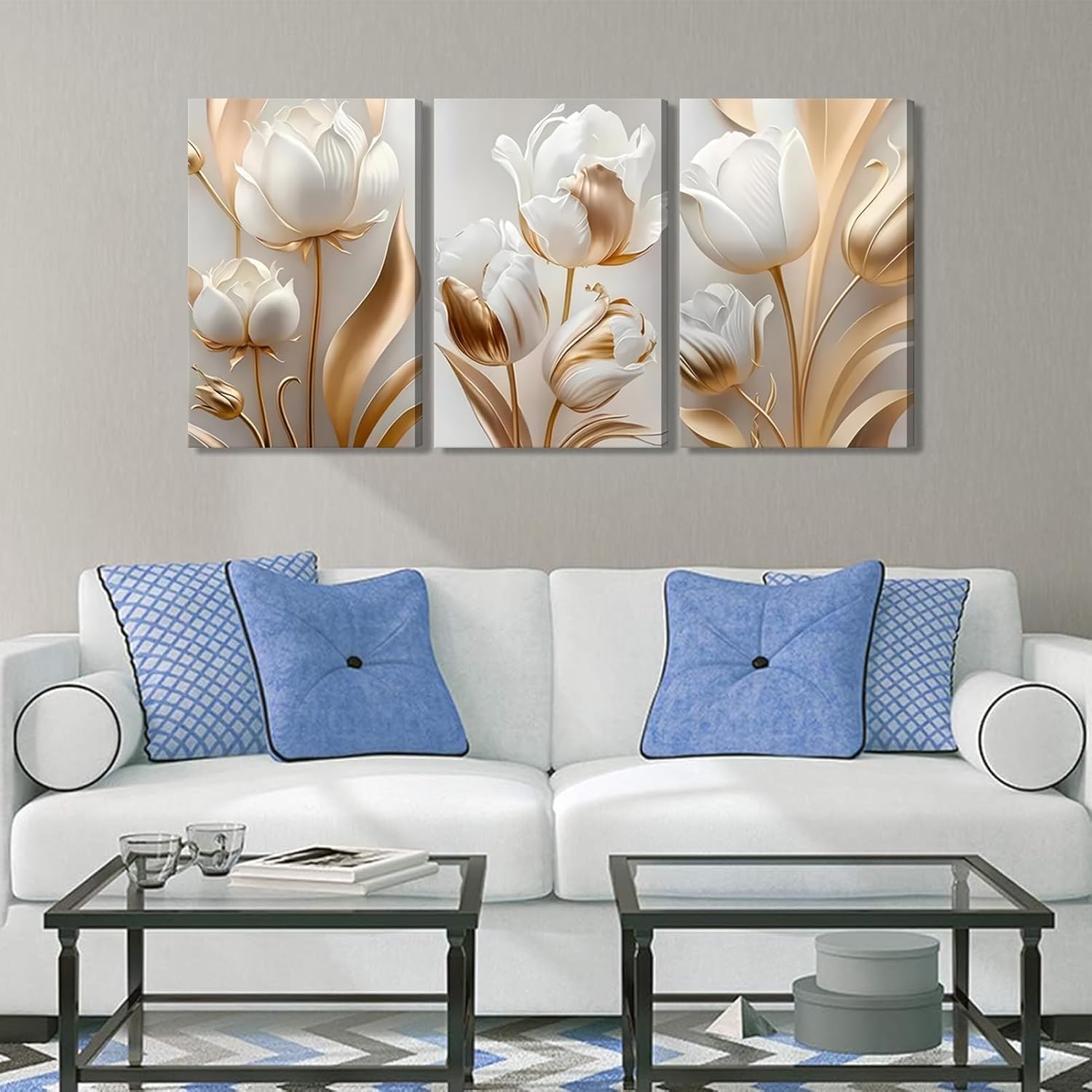 3Pcs Vintage Minimalist Floral Canvas Wall Art White Gold Abstract flowers Wall Decor Pictures Modern Luxury Prints tulip Plants Painting Artwork for Office Home Decoration 12x16in