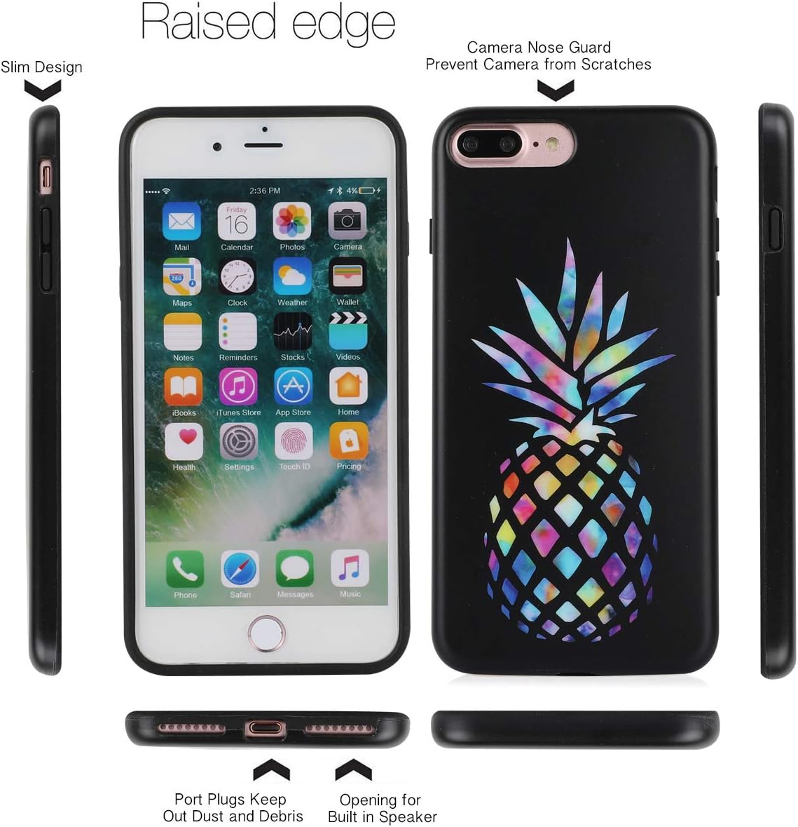 iPhone 8 Plus iPhone 7 Plus Case Cute Colorful Pineapple Floral Black Pattern IMD Hybrid Hard TPU Back Cover Shockproof Protective Fun Phone Cases for Women Girls Men Boys[5.5"]