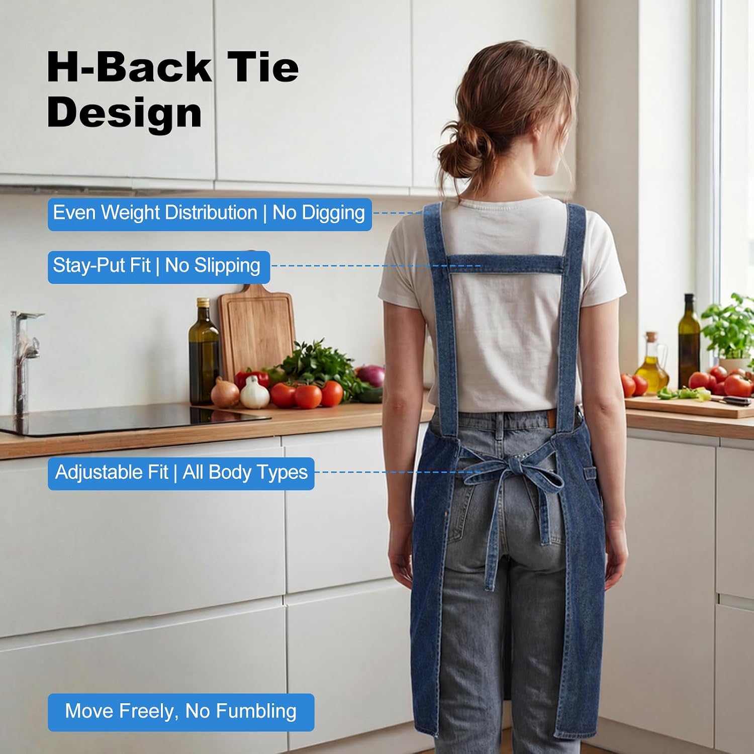 Denim Aprons For Women With 3 Pockets, Unisex H-Back Kitchen Apron, Cotton Adjustable Chef Aprons for Cooking, BBQ