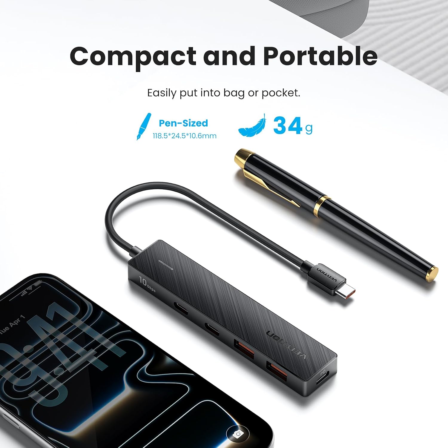 VENTION 10Gbps USB 3.2 Hub, USB Hub with 4 USB 3.2 Ports(USB A*2 Type C*2), PD 100W Chrging USB 3.2 Gen 2 Splitter USB Expander, Black