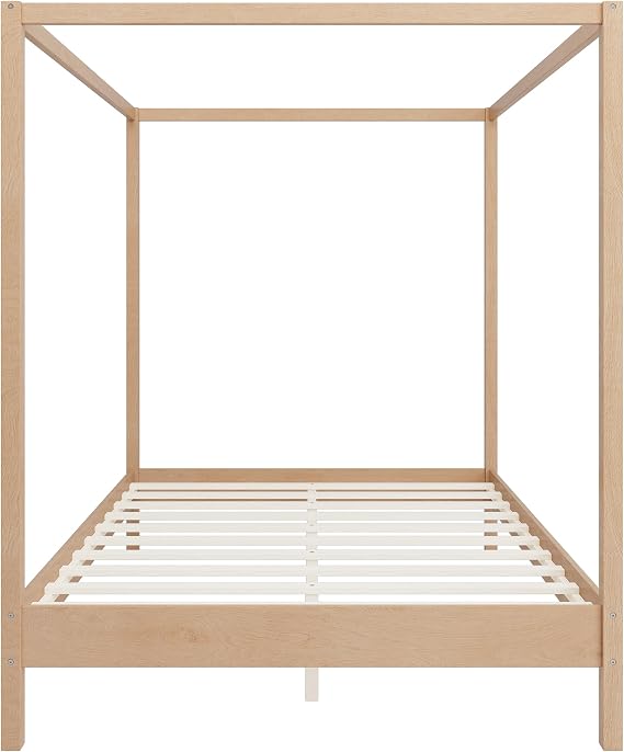 Merax Queen Size Canopy Bed with Four Posters, Wooden Platform Bed Frame & 8.3 Storage Space Under Bed, Solid Wood Slats Support, No Box Spring Needed, Easy Assembly, Natural