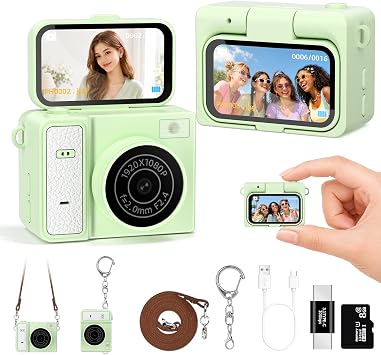 Mini Keychain Digital Camera, Green Mini Camera with FILP Screen, 1MP 1080P Small Camera, 8GB Card, Video Recorder, Long Battery Life for Travel, Party and Vlog