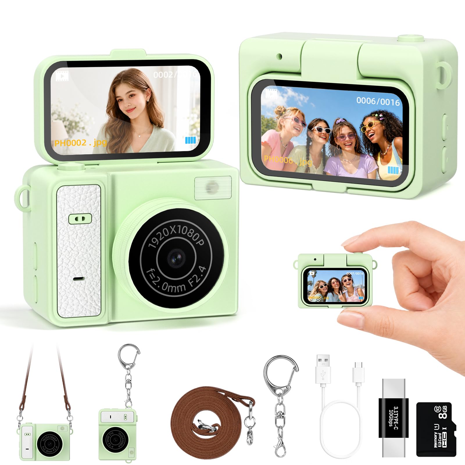 Mini Keychain Digital Camera, Green Mini Camera with FILP Screen, 1MP 1080P Small Camera, 8GB Card, Video Recorder, Long Battery Life for Travel, Party and Vlog-image-9