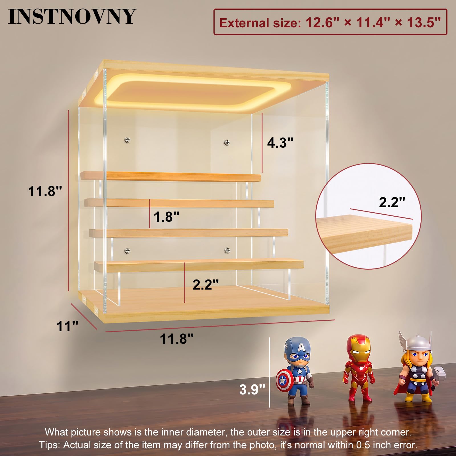 Vetrina in acrilico con scatola portaoggetti leggera a 5 ripiani | Scatola trasparente antipolvere per action figure, modellini di auto, bottiglie di profumo (legno, 30,5 x 27,4 x 31,8 cm)
