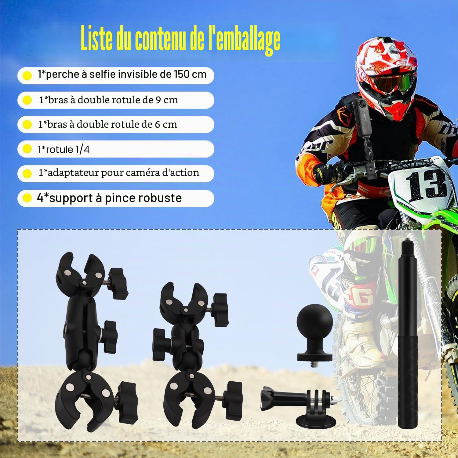 Moto Vélo Guidon Serrer Monter avec 59" Invisible Selfie Bâton Compatible pour Insta 360 X5 X4 X3 X2 X Un RS R Aller 3 Aluminium Alliage Lourd-Devoir Caméra Double Serrer Monter Trousse