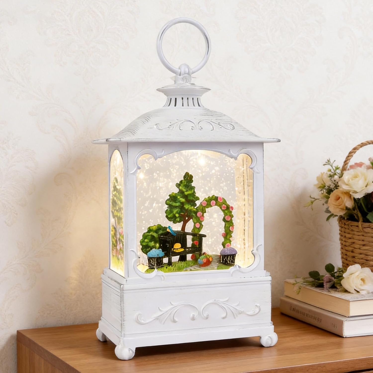 Spring Snow Globe Lantern with Garden Scene, Light Up Glitter Water Globe with 6H Timer, USB & Battery Powered Easter Decor, Spring Decorations for Home