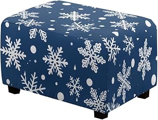 Blue Snowflake Ottoman Cover Slipcovers, Polka Dot Christmas Stretch Ottoman Cover Rectangle Storage Stool Furniture Protector for Living Room-L