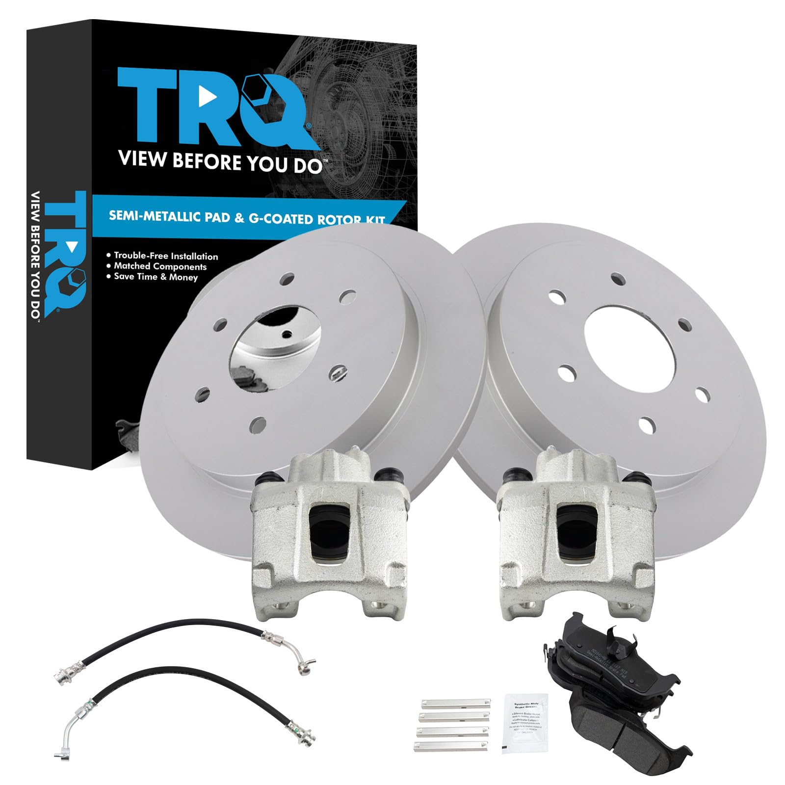 TRQ Rear Brake Pad and Rotor Set Semi Metallic Coated Rotors Calipers Compatible with 2004-2010 Infiniti QX56 2004 Nissan Pathfinder Armada 2005-2015 Nissan Armada