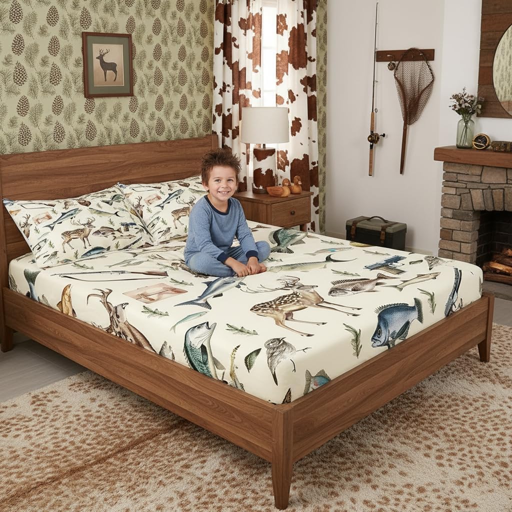 Erosebridal Hunting and Fishing Queen Bedding Set,Deer Hunting Fitted Sheet for Kids Boys Men,Big Bass Pike Fish Bed Sheets,Rustic Cabin Lake House Bed Set 3Pcs Room Decor (No Flat Sheet)