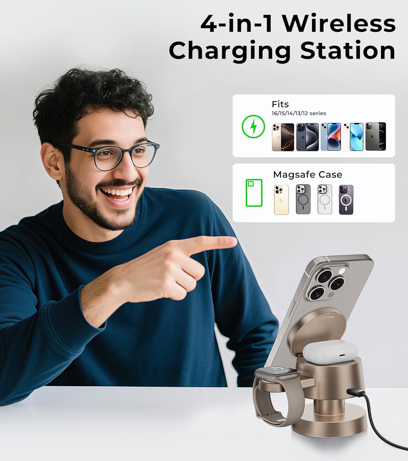 4-in-1 Magnetic Wireless Charging Station for iPhone 16/15/14/13 Pro Max, with Night Lamp and 20W Adapter Wireless Charging Station Fast Charging for Apple Watch, AirPods & Multiple Devices - Image 5