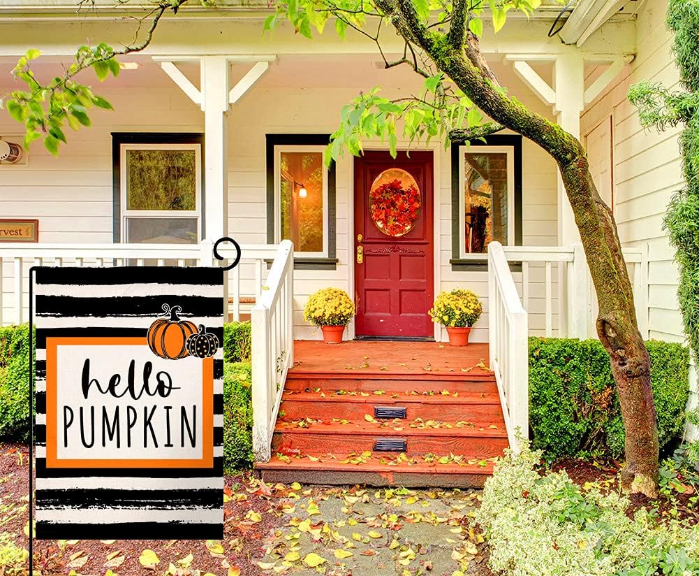 BLKWHT Fall Stripe Pumpkin Small Garden Flag 12x18 Inch Vertical Double Sided Autumn Halloween Thanksgiving Black Burlap Yard Outdoor Decor BW029