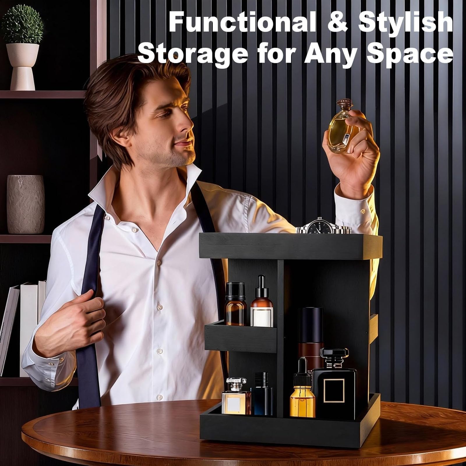 Obrotowy Drewniany Stojak Na Perfumy 360°, 3-Poziomowy Kwadratowy Organizer Na Perfumy Z 9 Przegródkami, Obrotowy Uchwyt Do Przechowywania Po Goleniu, Olejku Do Brody, Balsamu Do Golenia, Dekoracja