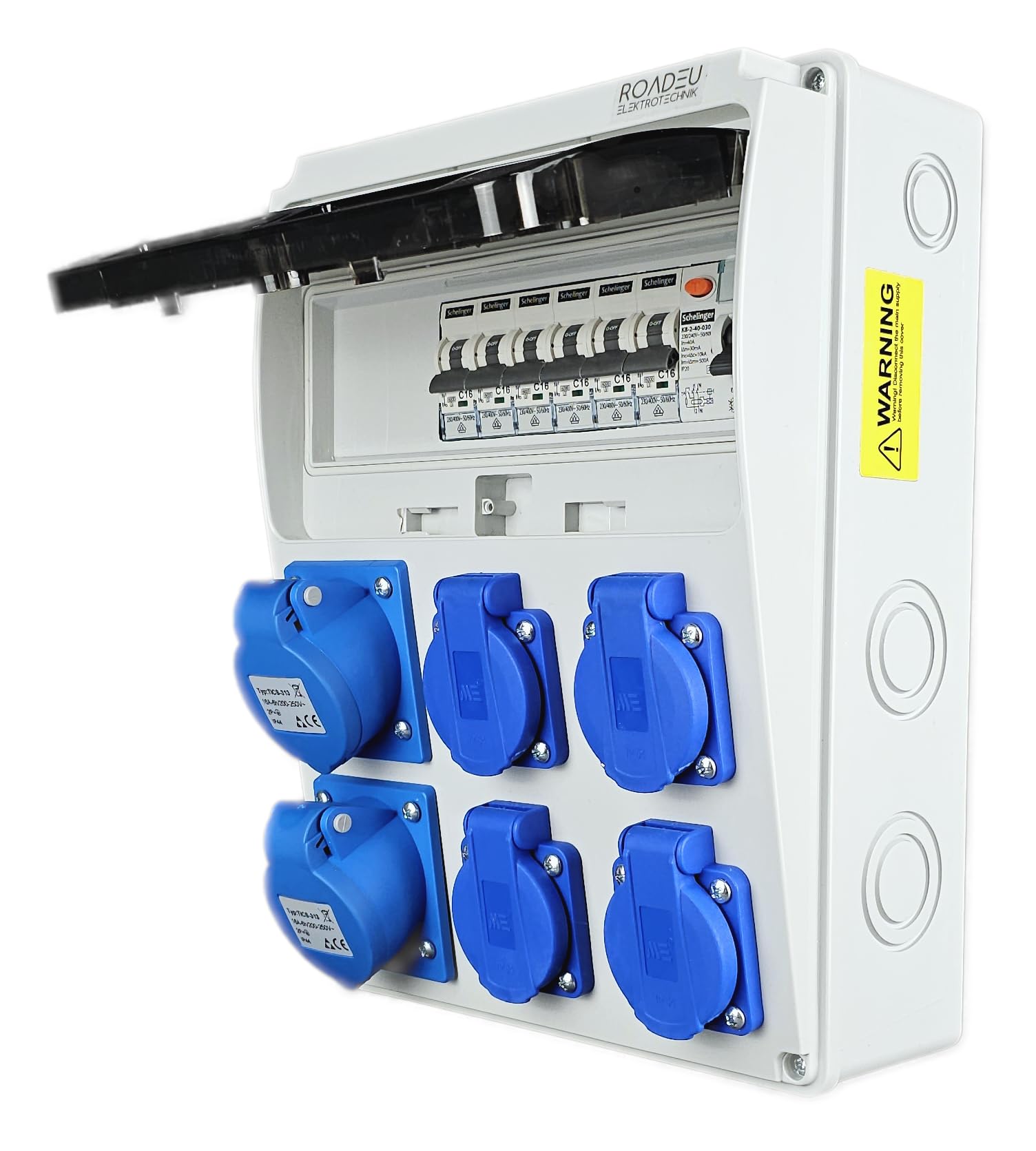 RoadEu - Distribuidor de corriente de 230V. Monofásico, 2 enchufes CEE 16A 3P y 4 enchufes Schuko con fusibles automáticos. Distribuidor de enchufes con interruptor diferencial y disyuntor.
