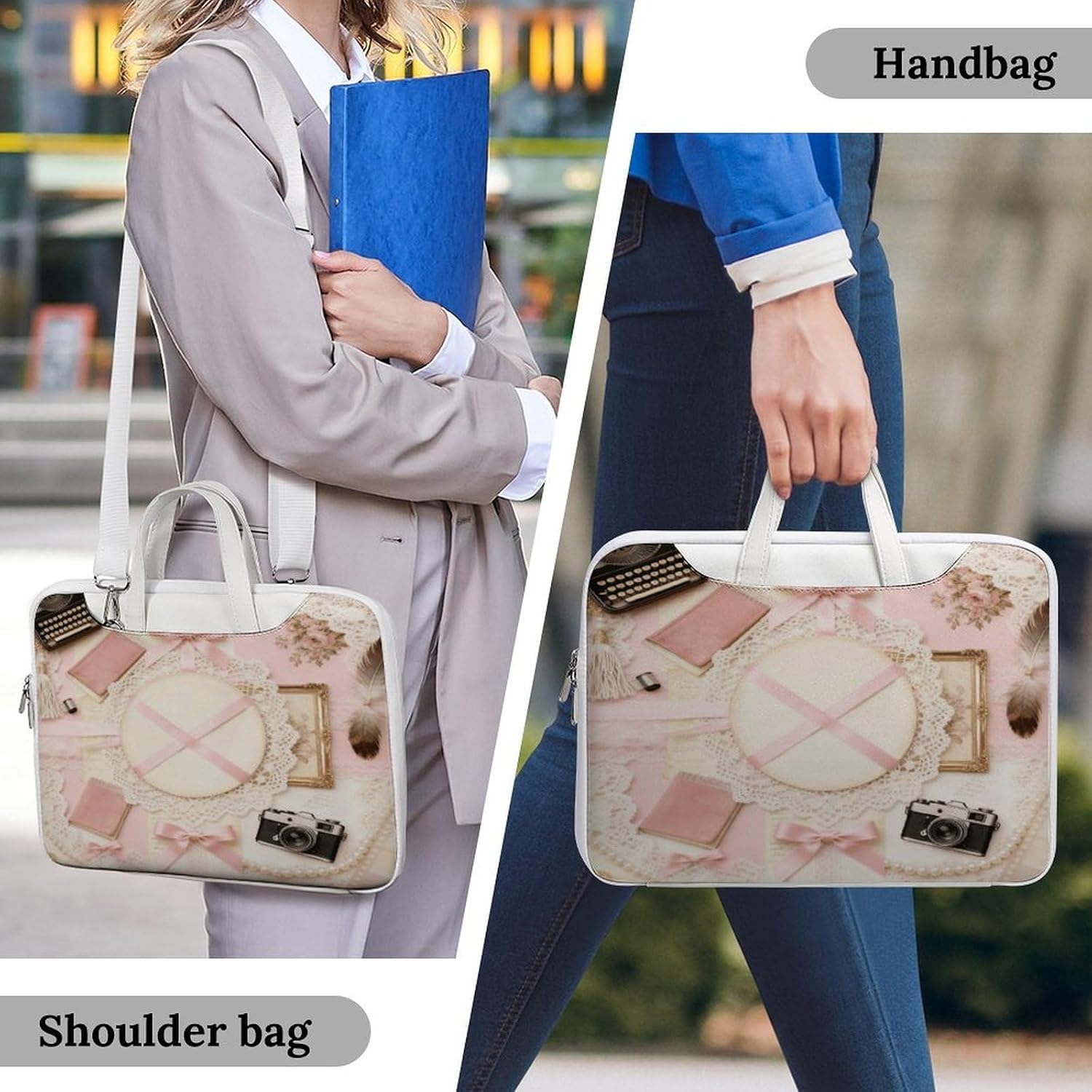 Pink Vintage Aesthetic Collage 37x28cm White-style Laptop Bag Leather Tablet Computer Briefcase Large Capacity Work Business Tote Bags for Office image 2